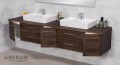 Brązowa szafka łazienkowa z blatem oraz dwiema umywalkami ceramicznymi seria Fokus New