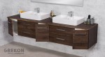 Brązowa szafka łazienkowa z blatem oraz dwiema umywalkami ceramicznymi seria Fokus New