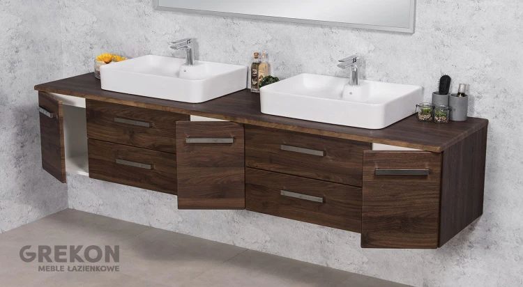 Brązowa szafka łazienkowa z blatem oraz dwiema umywalkami ceramicznymi seria Fokus New