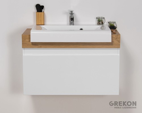Szafka do łazienki 80 cm biała z blatem naturalny dąb