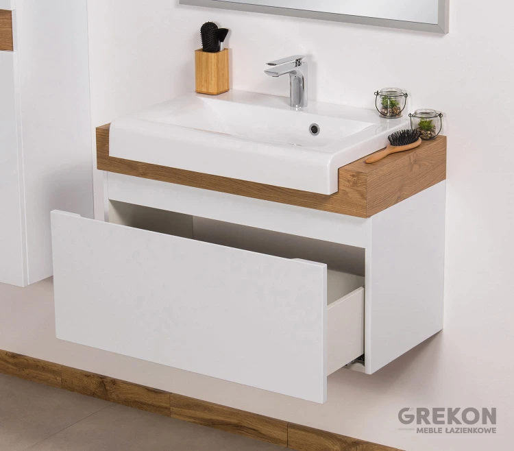 Biała szafka łazienkowa 80 cm z blatem naturalny dąb