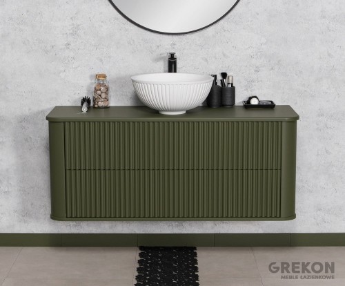 Oliwkowa szafka łazienkowa 120 cm z białą umywalką