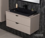 Elegancka szafka łazienkowa w kolorze fume mat z czarną nablatową umywalką
