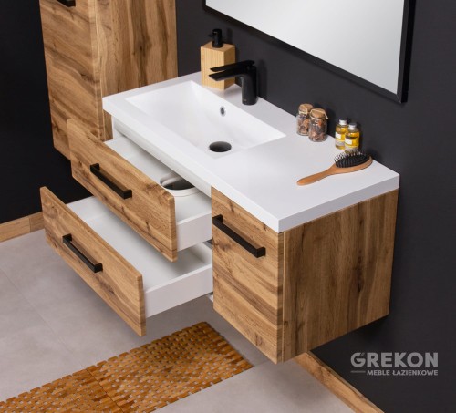Elegancka szafka łazienkowa 90 cm w kolorze dąb naturalny z białą umywalką