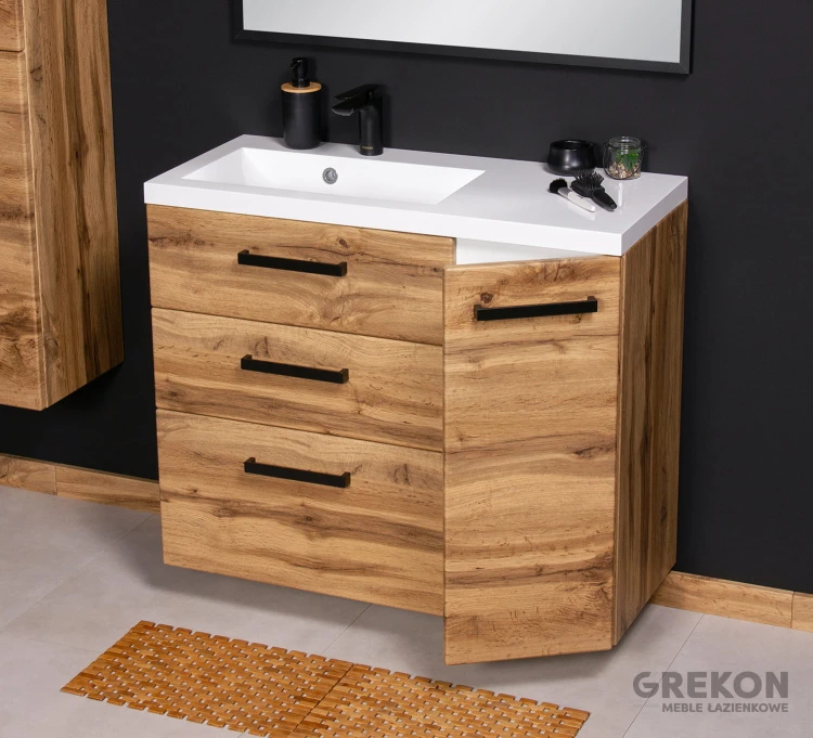Elegancka podwieszana szafka łazienkowa z białą umywalką seria Fokus New Loft