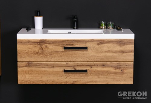 Szafka łazienkowa dąb naturalny z białą dolomitową umywalką