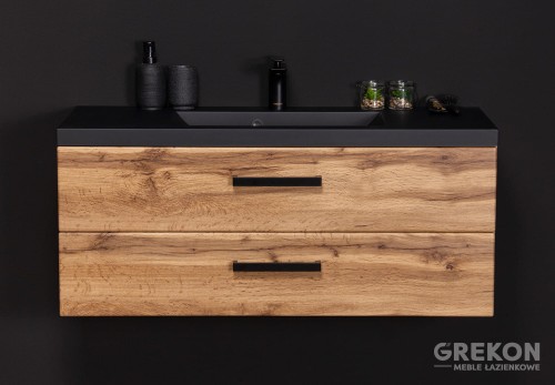 Szafka łazienkowa 100 cm dąb naturalny z czarną matową umywalką