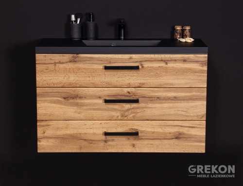 Szafka łazienkowa w kolorze dąb naturalny z czarna matową umywalką
