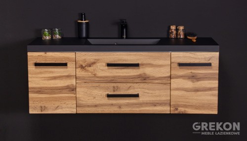 Podwieszana szafka do łazienki w kolorze naturalnego dębu z czarną matową  umywalką