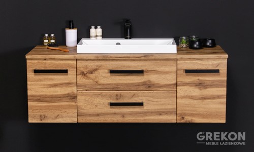 Szafka łazienkowa podwieszana z białą nablatową umywalką