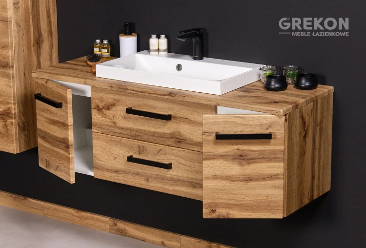 Elegancka szafka łazienkowa w kolorze dąb naturalny z białą nablatową umywalką