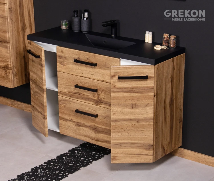 Nowoczesna szafka łazienkowa 120 cm w kolorze dąb naturalny z czarną wpuszczaną w blat umywalką