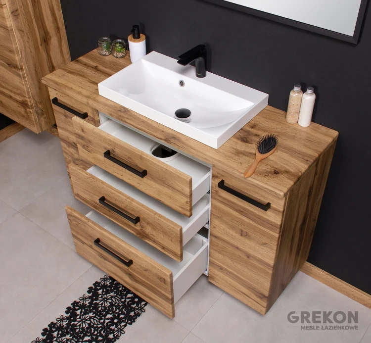 Wisząca szafka łazienkowa z blatem 120 cm kolor dąb naturalny seria Fokus New Loft