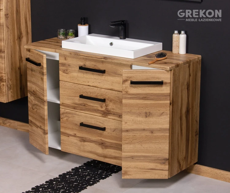 Dąb naturalny szafka łazienkowa 120 cm z blatem oraz białą dolomitową umywalką