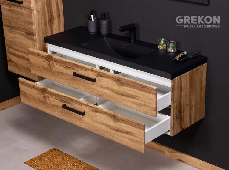 Szafka łazienkowa 120 cm kolor dąb naturalny z czarną matową umywalką