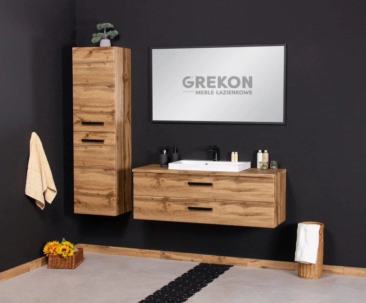 Wysoki regał oraz szafka podumywalkowa w kolorze dębu naturalnego seria Fokus New Loft