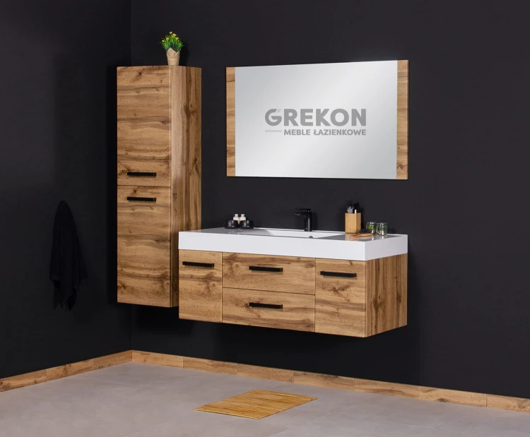 Meble łazienkowe w kolorze naturalnego dębu z czarnymi uchwytami seria Fokus New Loft