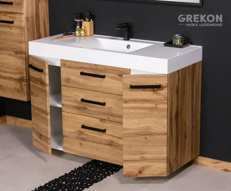 Podwieszana szafka łazienkowa 120 cm z białą dolomitową umywalką