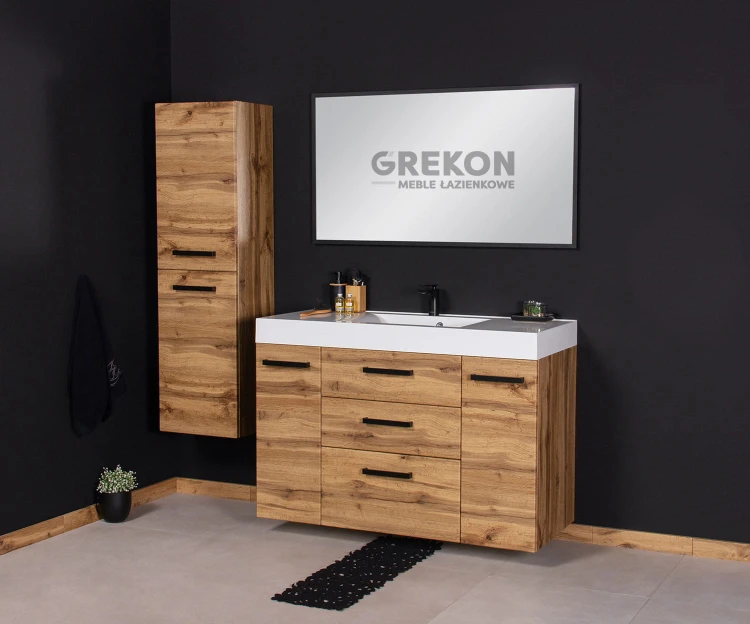 Szafka łazienkowa 120 cm oraz wysoki regał wiszący z serii Fokus New loft kolor matowy dąb naturalny