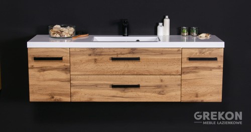 Szafka łazienkowa 140 cm z białą dolomitową umywalką