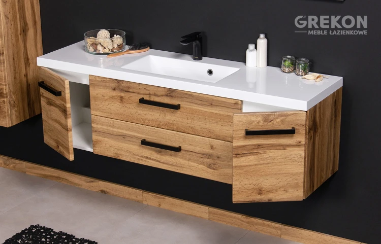 Elegancka szafka łazienkowa kolor dąb naturalny z białą dolomitową umywalką
