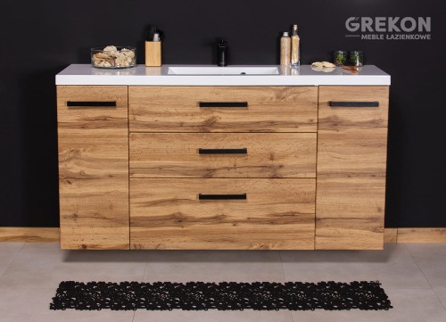 Pakowna szafka łazienkowa z białą wpuszczoną w blat umywalką