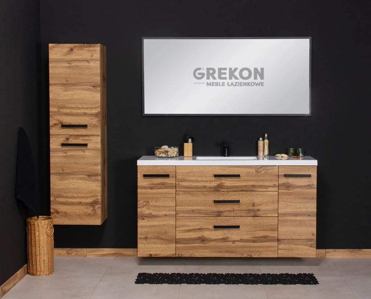 Wysoki regał łazienkowy oraz szafka pod umywalkę w kolorze naturalnego dębu seria Fokus New Loft