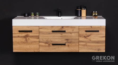 Stylowa nowoczesna szafka łazienkowa w kolorze dąb naturalny z białą umywalką