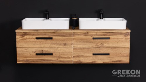 Podwieszana szafka łazienkowa w matowym kolorze naturalny dąb z dwiema ceramicznymi umywalkami