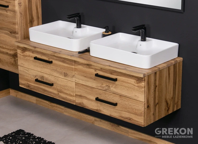 Szafka łazienkowa 140 cm z czterema szufladami i dwiema ceramicznymi umywalkami