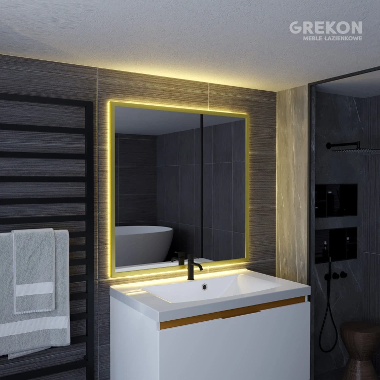 Lustro łazienkowe 80x80 cm w złotej ramie z nowoczesnym oświetleniem LED