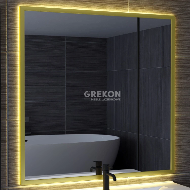 Eleganckie lustro łazienkowe 80x80 cm, złota aluminiowa rama oraz podświetlenie LED