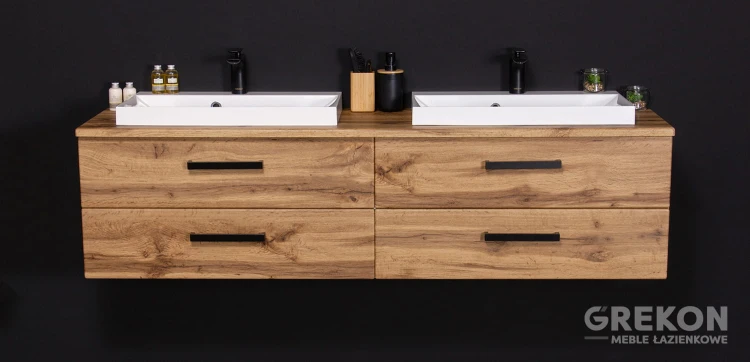 Podwieszana szafka łazienkowa 160 cm z dwiema nablatowymi umywalkami