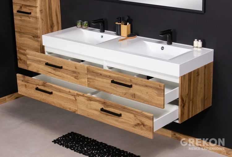 Stylowa, elegancka szafka łazienkowa w matowym kolorze naturalnego dębu