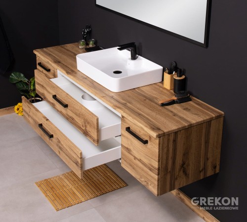 Nowoczesna szafka łazienkowa 180 cm z blatem oraz ceramiczną umywalką