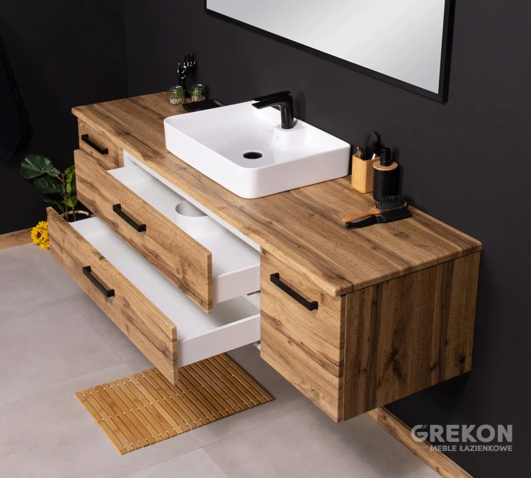 Nowoczesna szafka łazienkowa 180 cm z blatem oraz ceramiczną umywalką