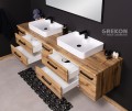 Podwieszana szafka łazienkowa o szerokości 210 cm z blatem oraz dwiema ceramicznymi umywalkami