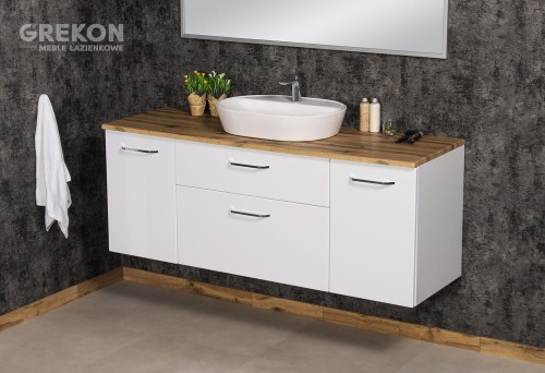 Modułowa szafka łazienkowa w białym połyskowym kolorze, szerokość 160 cm