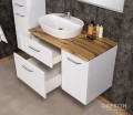 Szafka łazienkowa w białym połyskowym kolorze z blatem naturalny dąb i białą ceramiczną umywalką