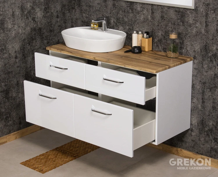 Podwieszana modułowa szafka łazienkowa z blatem oraz ceramiczną umywalką