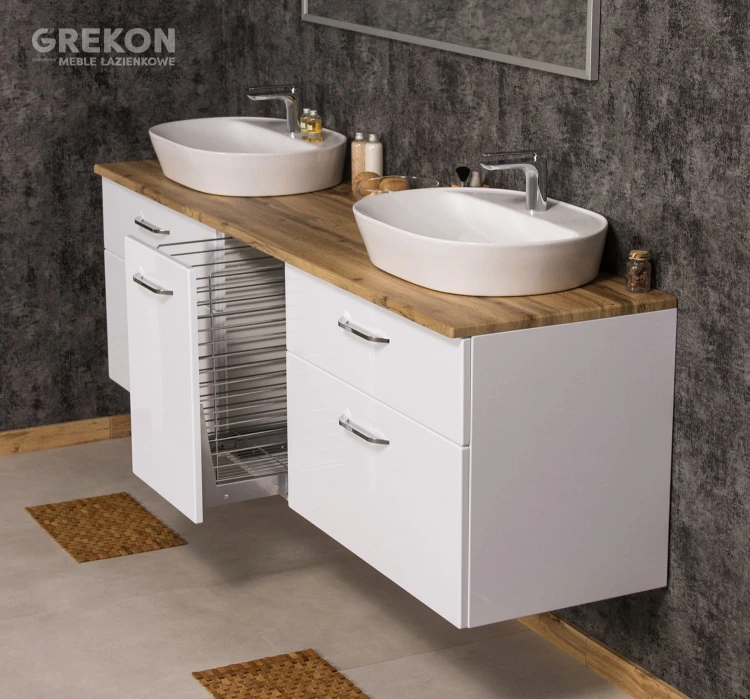 Szafka łazienkowa biała z blatem w kolorze naturalny dąb oraz dwiema ceramicznymi umywalkami