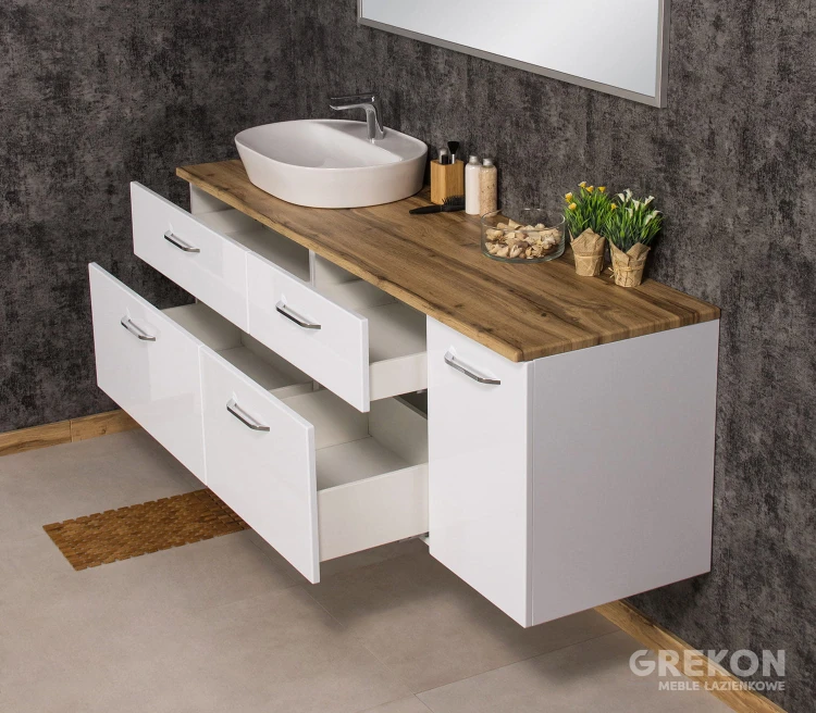 Biała modułowa szafka z blatem naturalny dąb i białą ceramiczną umywalką