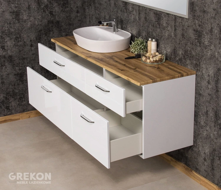Szafka 160 cm Setto Modulo kolor biały z blatem oraz białą umywalką