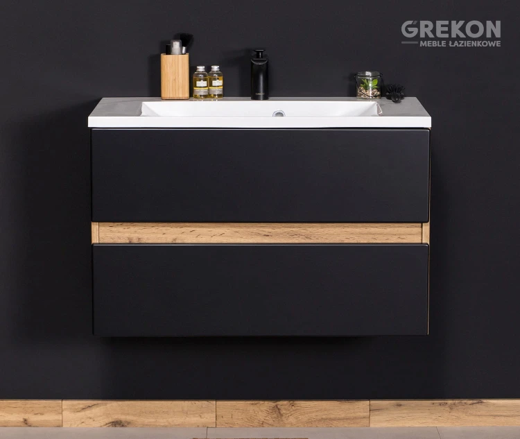 Czarna z odcieniem naturalnego drewna szafka łazienkowa o szerokości 80 cm