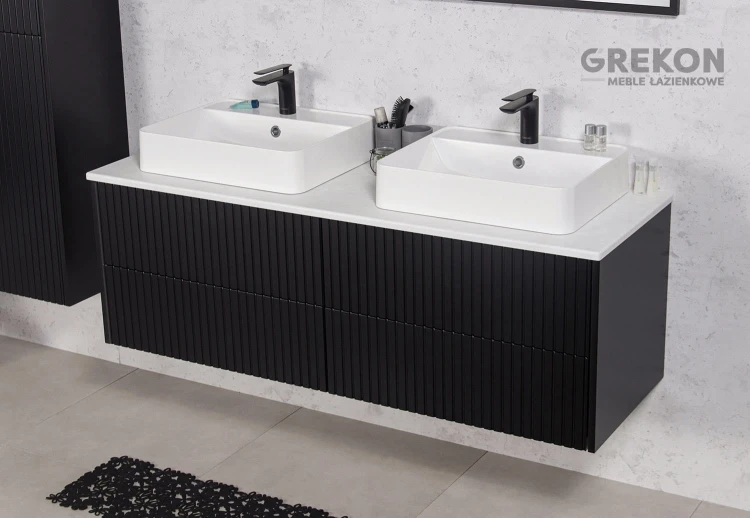 Elegancka czarna szafka łazienkowa o szerokości 140 cm z dwiema umywalkami