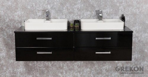 Podwieszana czarna szafka łazienkowa 160 cm z dwiema ceramicznymi umywalkami