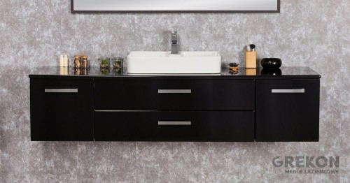 Czarna elegancka szafka łazienkowa z białą ceramiczną umywalką