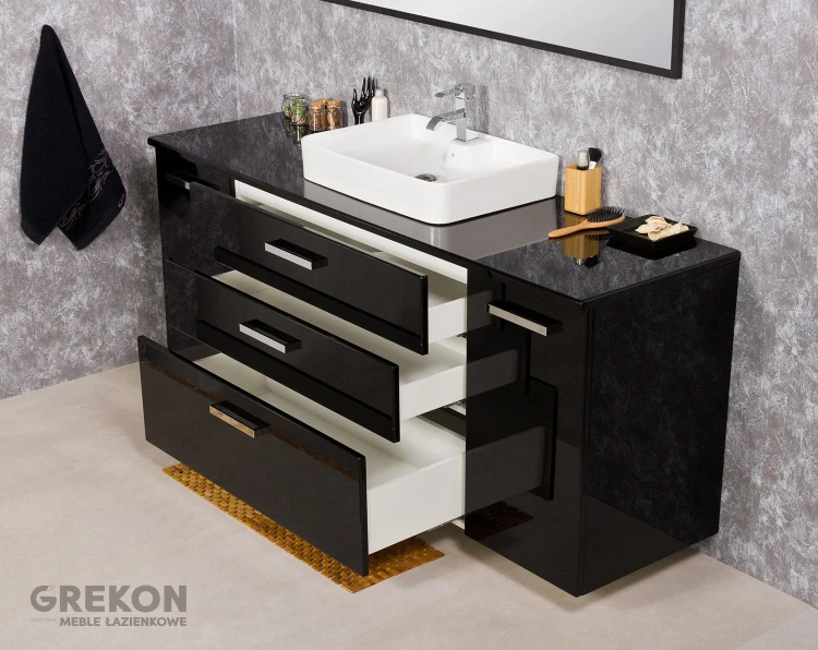Podwieszana czarna szafka łazienkowa z białą ceramiczną umywalką