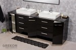 Czarna szafka łazienkowa 210 cm z blatem oraz dwiema ceramicznymi umywalkami