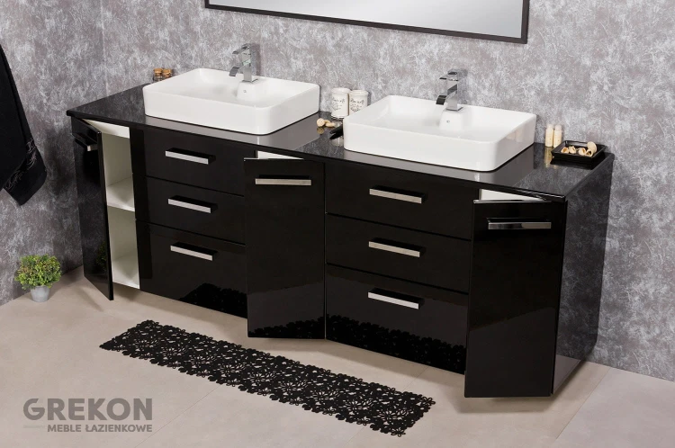 Czarna szafka łazienkowa 210 cm z blatem oraz dwiema ceramicznymi umywalkami